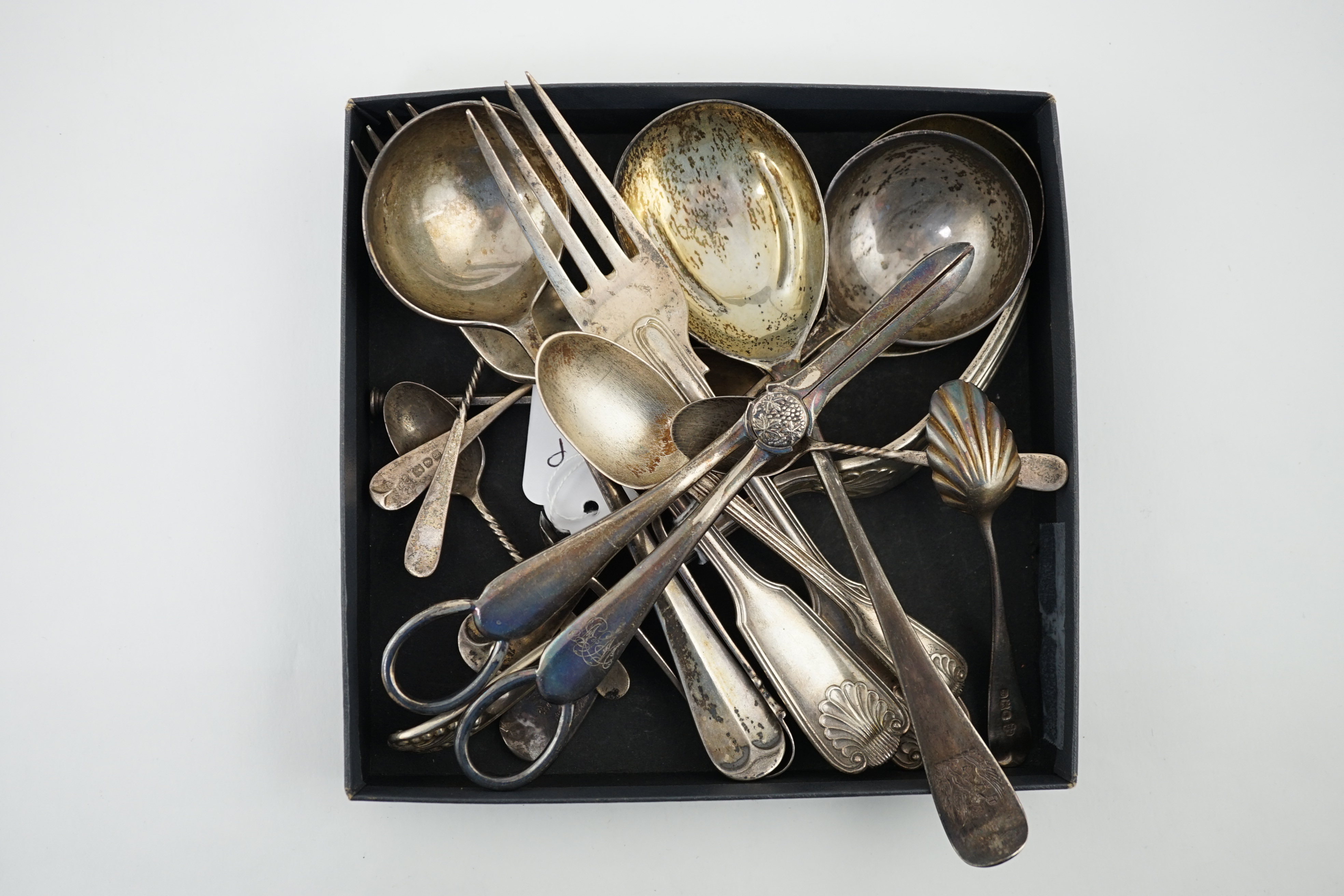 A George III silver serving spoon, London, 1767, together with a small quantity of assorted later flatware